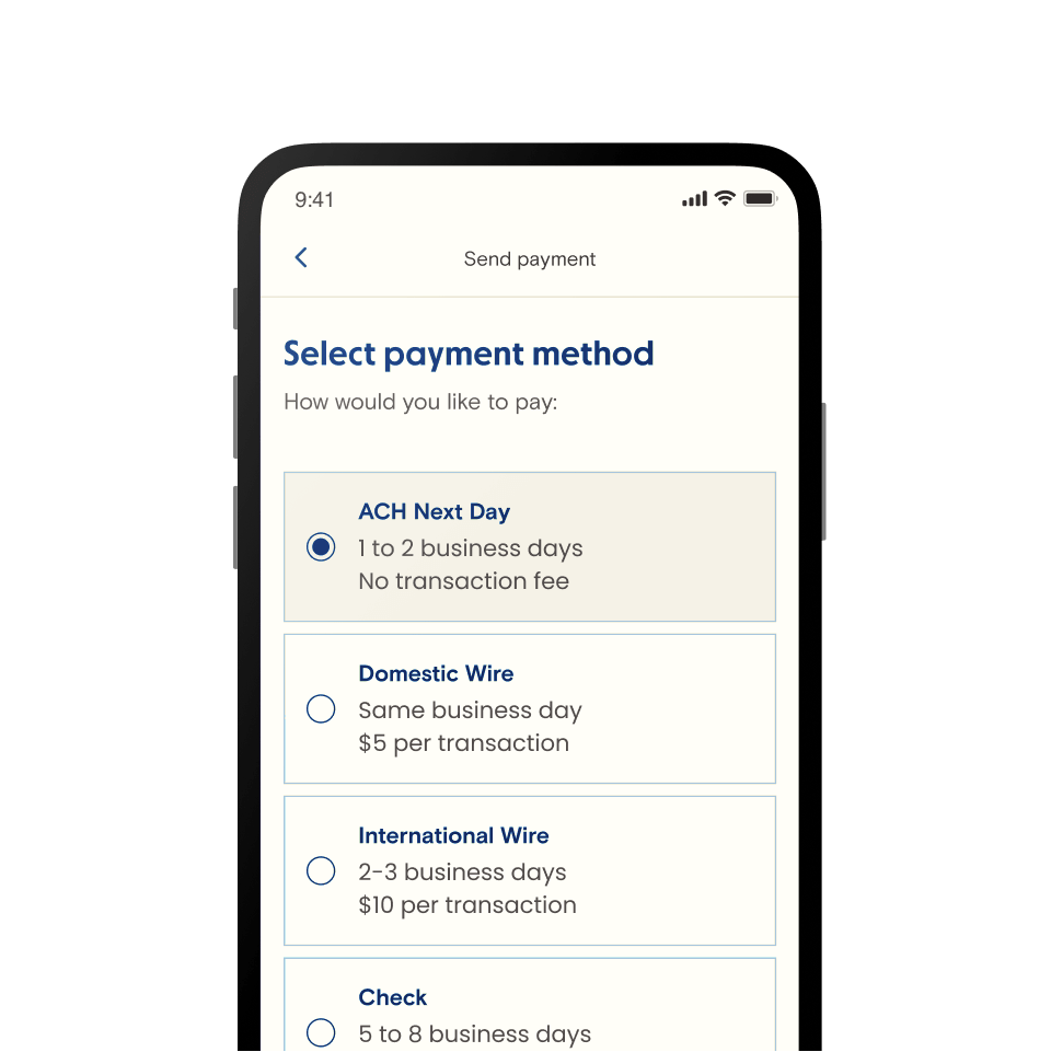 List of payment methods in Relay including ACH, domestic wire, international wire, and check.