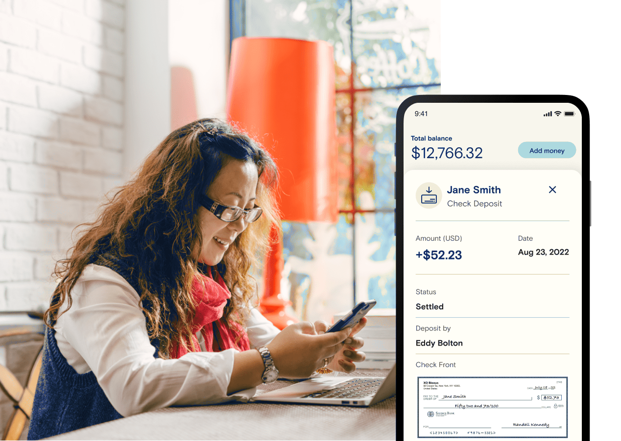 Detailed transaction showing check deposit, status, and vendor details.