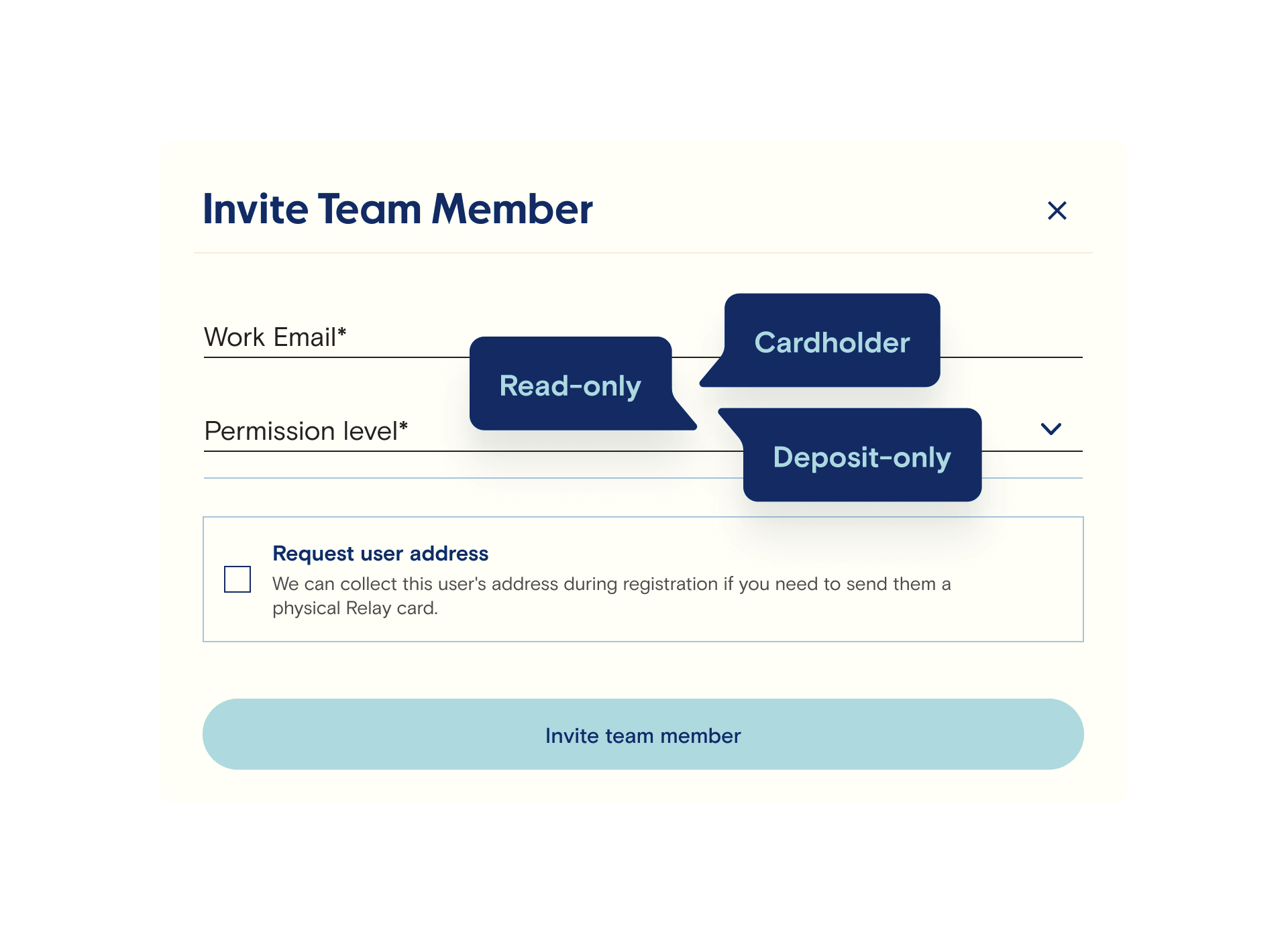 Permission levels for inviting new team members.